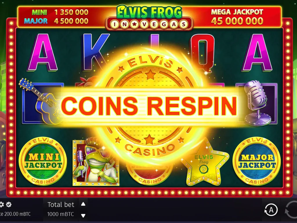 Elvis Frog in Vegas slot game screen showing a ‘Coins Respin’ feature with a golden Elvis coin, colorful symbols, and mini and major jackpot indicators.