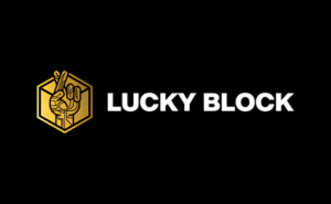 Lucky Block Casino logo featuring a gold hexagon with a hand symbol and the text ‘LUCKY BLOCK’ on a black background.