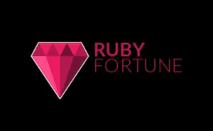 Ruby Fortune logo featuring a faceted pink diamond with the words “Ruby Fortune” written in pink next to it on a black background.