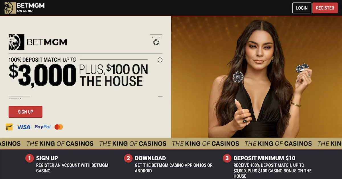 BetMGM Ontario online casino promotion with $3000 deposit match bonus and Vanessa Hudgens endorsing the offer.