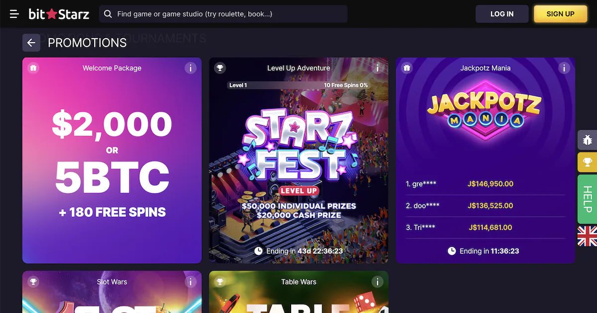 BitStarz casino promotions including $2000 or 5BTC bonus, Starz Fest event, and JackPotz Mania with high cash prizes.