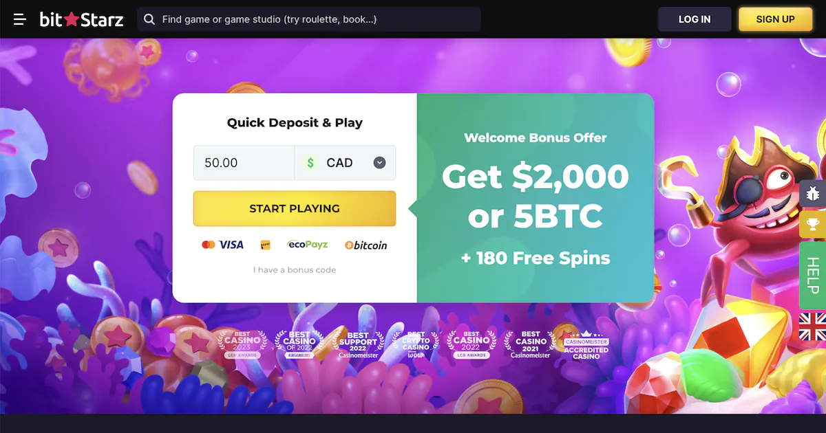 BitStarz online casino welcome bonus offer of $2000 or 5BTC with 180 free spins for new players.