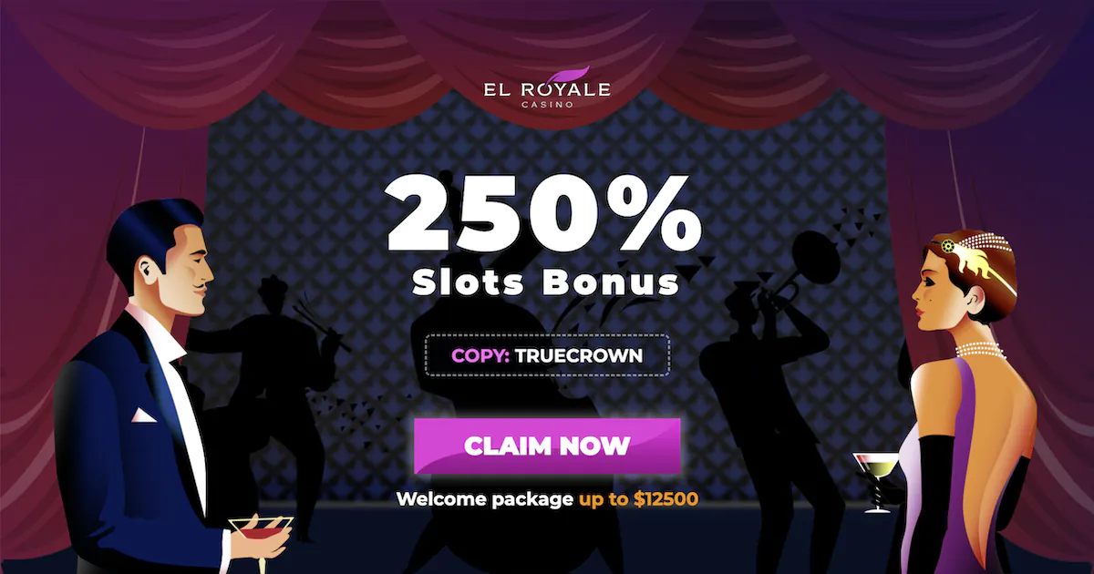 El Royale Casino 250% slots bonus offer featuring an elegant couple in a jazz club setting with a saxophonist silhouette.