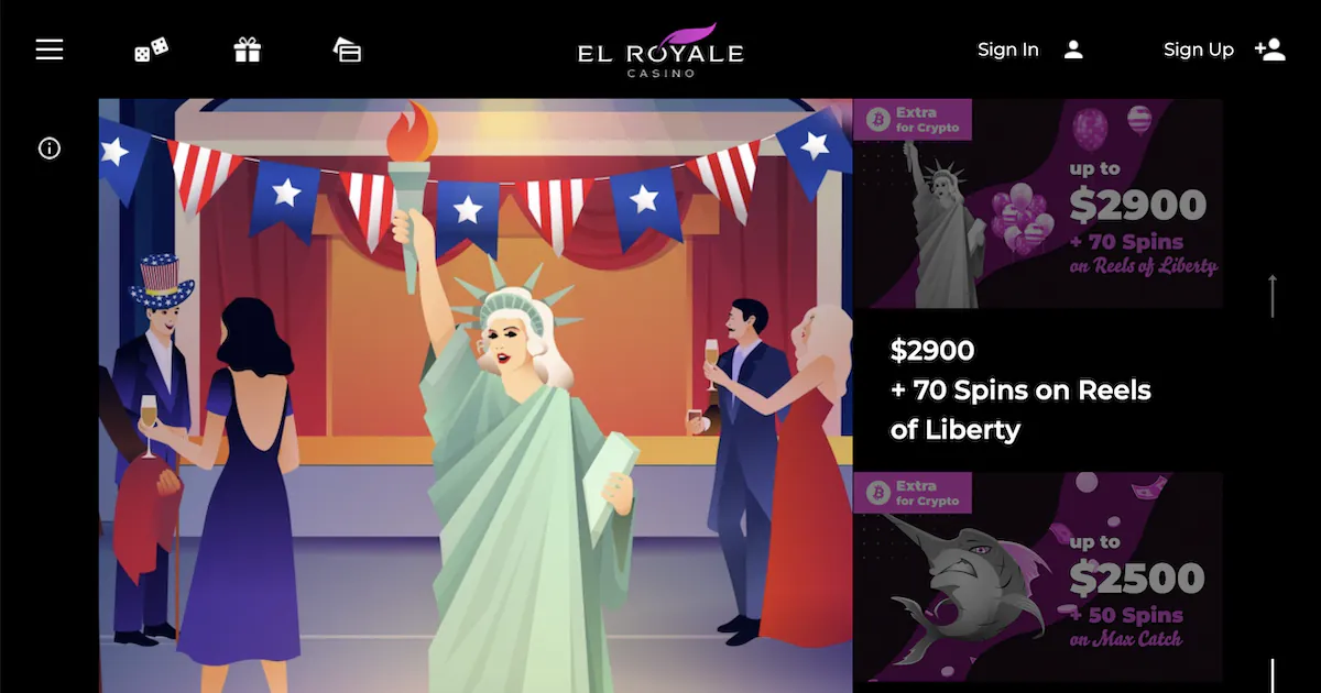 El Royale Casino promotion offering $2900 and 70 spins on Reels of Liberty with a Statue of Liberty theme and festive celebration background.