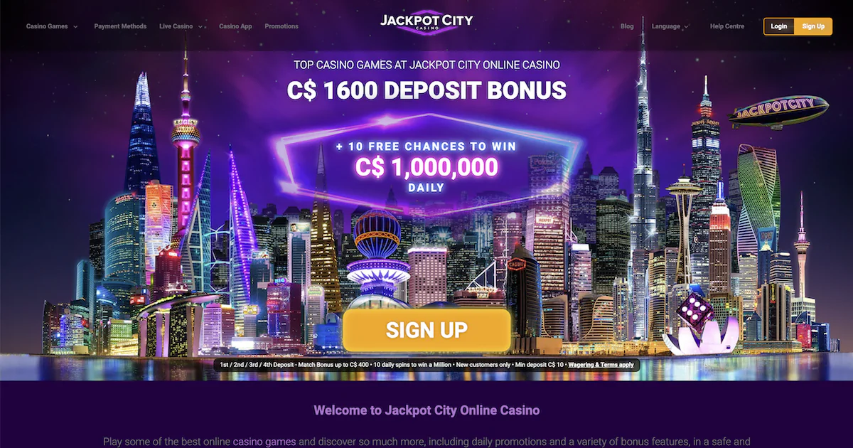 Jackpot City Casino promotion with a $1600 deposit bonus and 10 free chances to win $1,000,000 daily, highlighted by a vibrant city skyline at night.