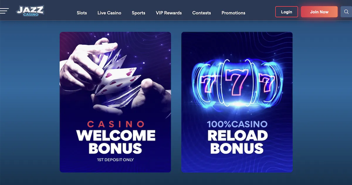 Jazz Casino promotions with a casino welcome bonus for the first deposit and a 100% reload bonus featuring playing cards and a glowing slot machine.