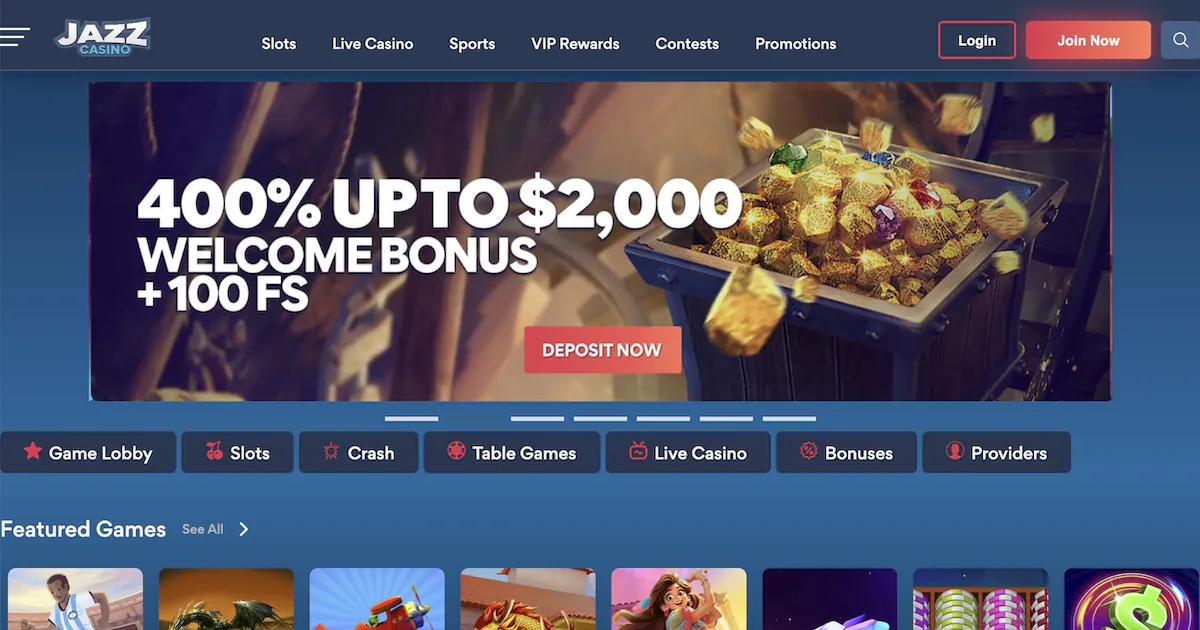 Jazz Casino homepage showcasing a 400% welcome bonus up to $2000 and 100 free spins promotion with a treasure chest full of gold and gems.