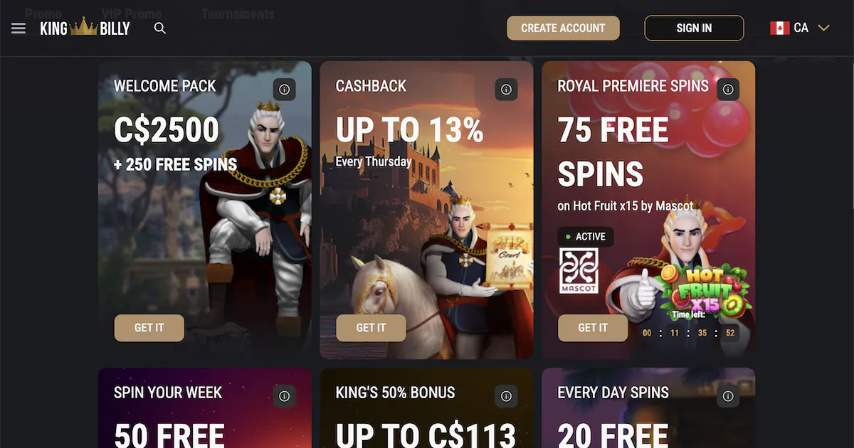 King Billy Casino bonuses including up to 13% cashback every Thursday, 75 free spins on Hot Fruit x15, and 50 free spins weekly with King Billy character.