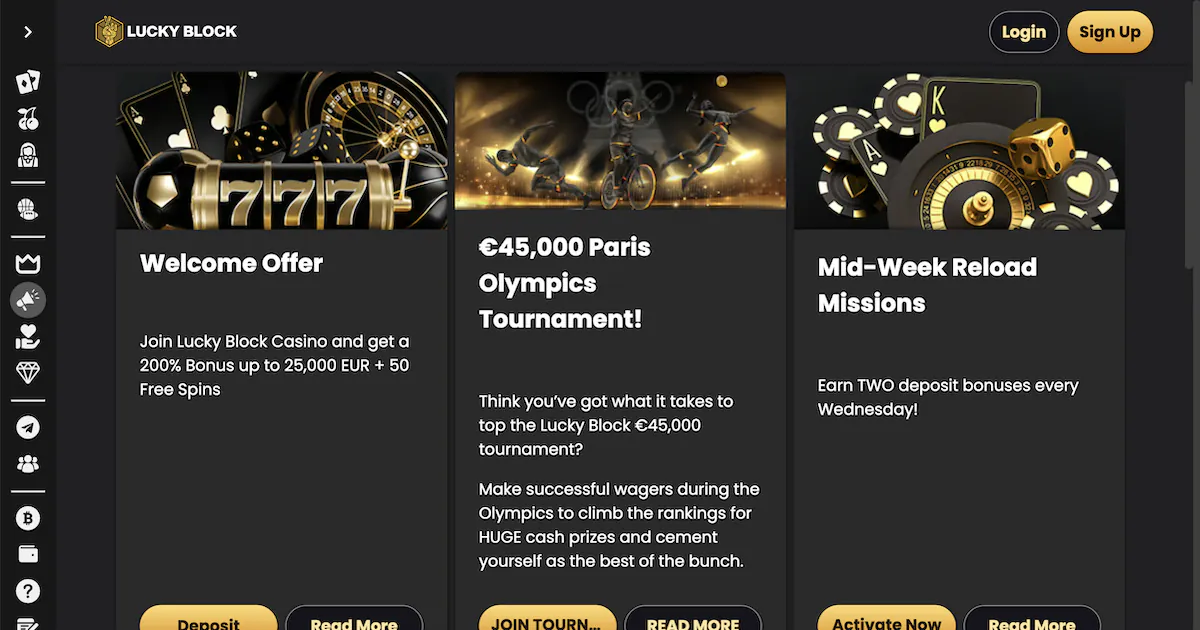 Lucky Block Casino promotions including a 200% bonus up to €25,000 and 50 free spins with a licensed Bitcoin casino banner.