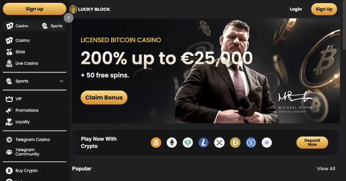 Lucky Block Casino licensed Bitcoin casino offering a 200% bonus up to €25,000 and 50 free spins with Michael Bisping as the official partner.