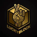 Lucky Block Casino logo featuring a stylized gold hand making a crossed-fingers gesture within a hexagon, with ‘LUCKY BLOCK’ written below.