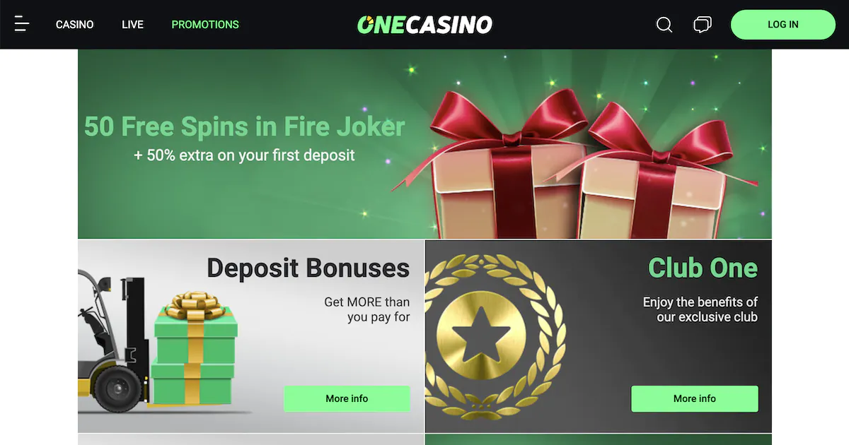 One Casino promotion offering 50 free spins in Fire Joker and a 50% deposit bonus with wrapped gift boxes.