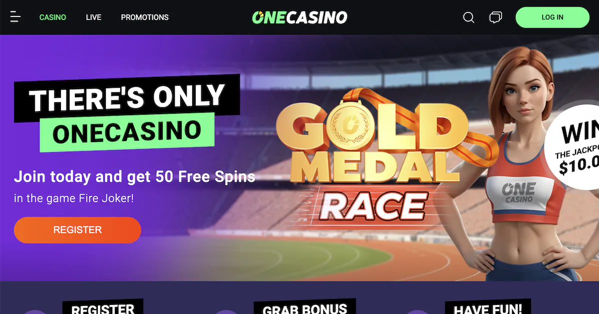 One Casino promotion featuring a Gold Medal Race with 50 free spins and a chance to win a $10,000 jackpot with a female athlete.