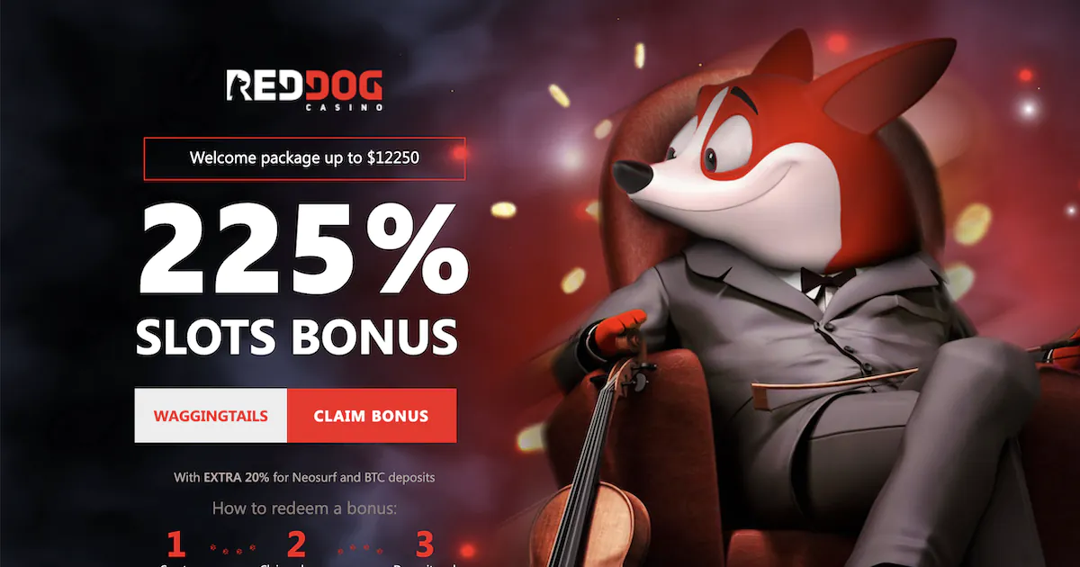 Red Dog Casino promotion with a 225% slots bonus and welcome package up to $12,250, featuring a suave dog character.