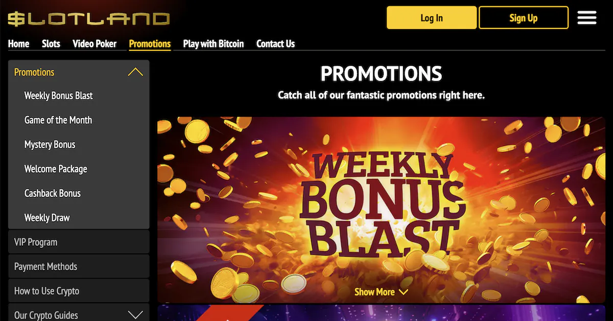 Slotland Casino weekly bonus promo code blast promotion, featuring a cascade of gold coins and vibrant graphics.