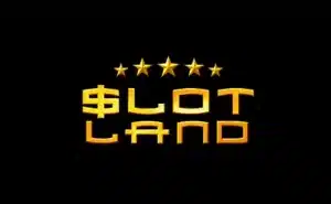 A logo of Slotland Casino featuring the word “$LOT LAND” in a bold, gold font with five gold stars above it on a black background.