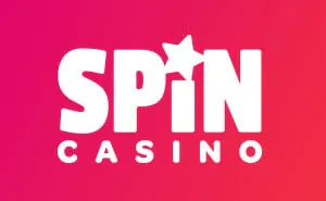 Spin Casino logo with the text ‘Spin’ in white and ‘Casino’ in grey on a gradient pink background.