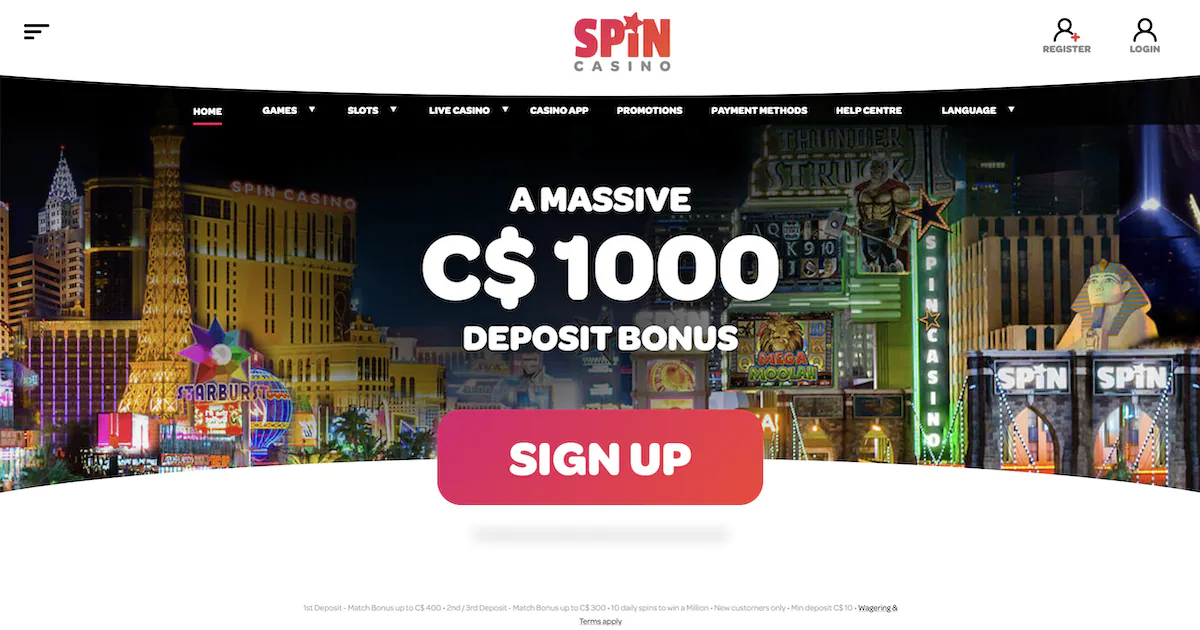 Spin Casino promotion offering a C$1000 deposit bonus, set against a vibrant casino cityscape background.