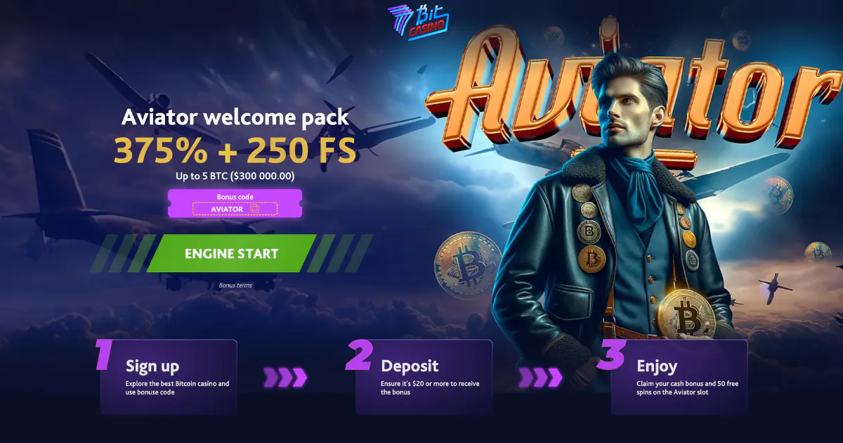 7Bit Casino Aviator welcome pack promotion offering 375% bonus plus 250 free spins up to 5 BTC, featuring a stylish aviator with Bitcoin badges and a background of airplanes and Bitcoin symbols.