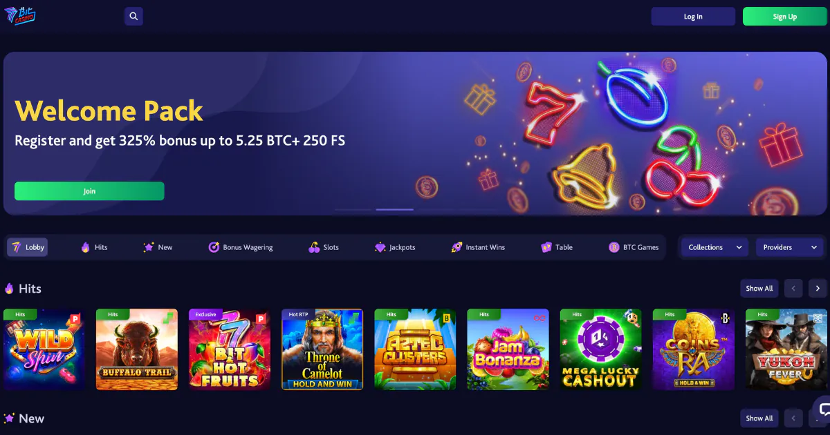 7Bit Casino homepage featuring a welcome pack promotion offering a 325% bonus up to 5.25 BTC and 250 free spins, with a neon-themed background of slot symbols and various highlighted slot games.