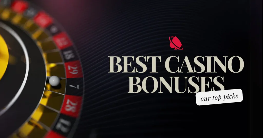 Best Casino Bonuses banner with a roulette wheel background, text ‘our top picks,’ and Mall of Casino logo that is a red spade logo with a circular swoosh.