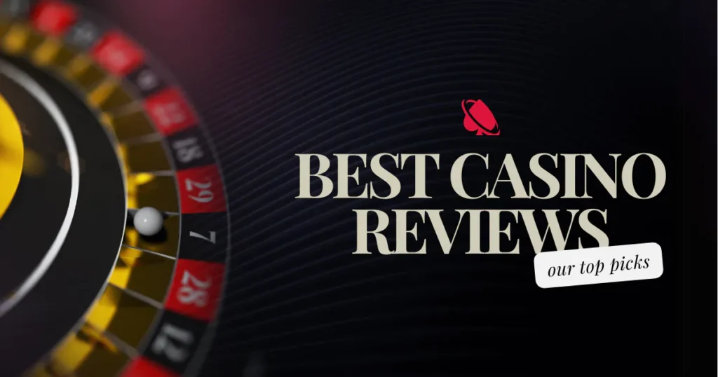 Best Casino Reviews banner with a roulette wheel background, text ‘our top picks,’ and Mall of Casino logo that is a red spade logo with a circular swoosh.