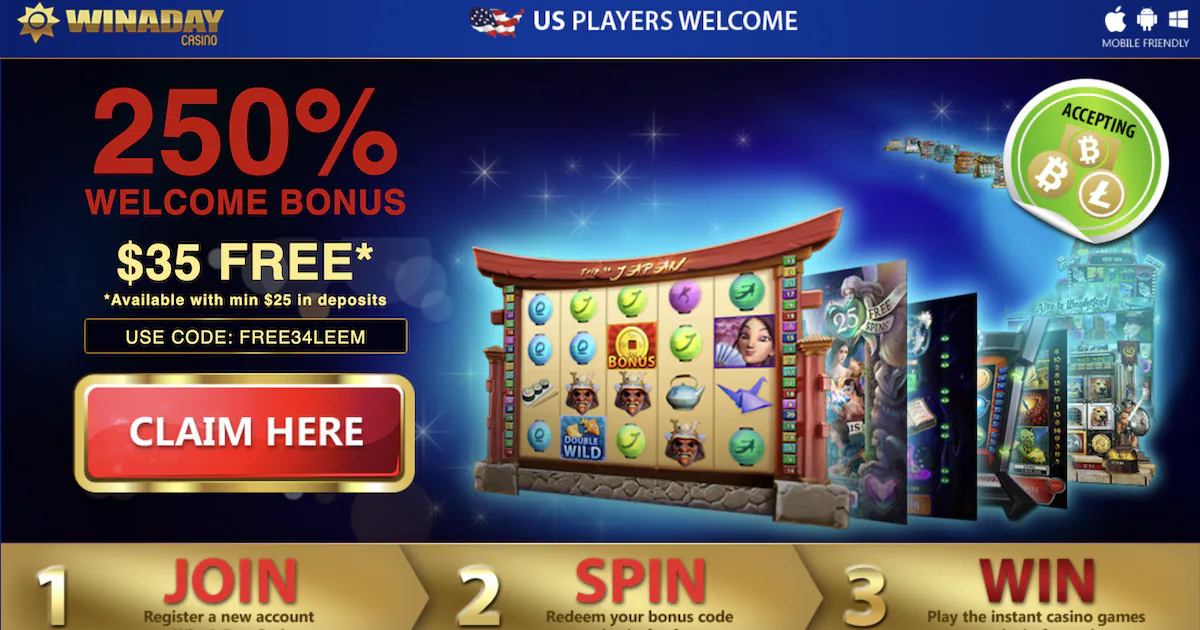 Win a day Casino no deposit bonus codes offering 250% welcome bonus and $35 free chips with a slot machine and blue background.