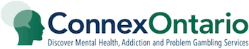 Logo of ConnexOntario, with the text ‘ConnexOntario: Discover Mental Health, Addiction, and Problem Gambling Services’.