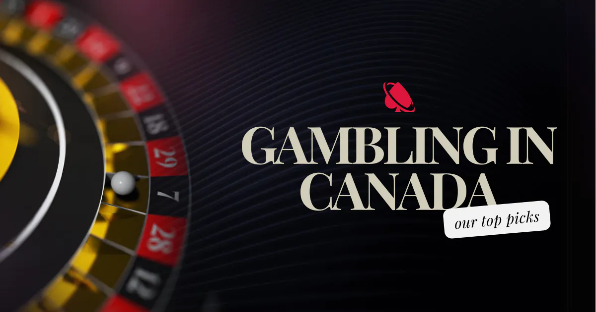 Online Gambling in Canada banner with a roulette wheel background, text ‘our top picks,’ and Mall of Casino logo that is a red spade logo with a circular swoosh.