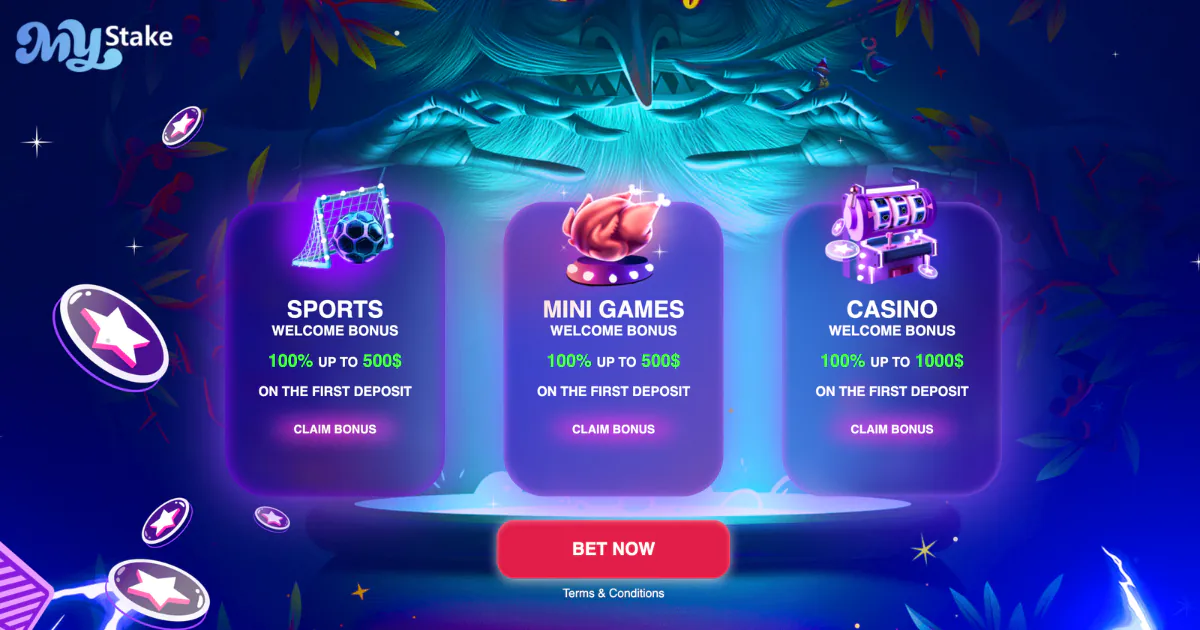 MyStake casino bonus page featuring welcome bonuses for sports, mini games, and casino, with a mystical background and floating star icons.