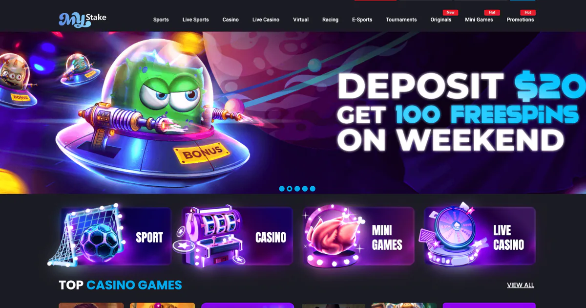 MyStake casino homepage showcasing a $20 deposit promotion with 100 free spins, colorful alien-themed slot game, and categories for sports, casino, mini games, and live casino.