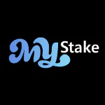 Mystake Casino logo with a stylized ‘My’ in gradient blue script and ‘Stake’ in black text on a black background.