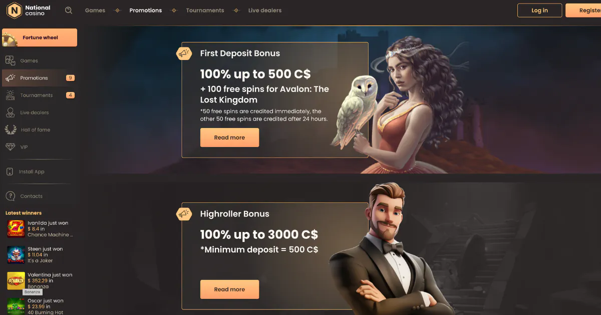 National Casino promotions page featuring a first deposit bonus of 100% up to 500 C$ with 100 free spins for Avalon: The Lost Kingdom, and a highroller bonus of 100% up to 3000 C$ with a minimum deposit of 500 C$. The page showcases a fantasy-themed female character holding an owl and a male character in a tuxedo.