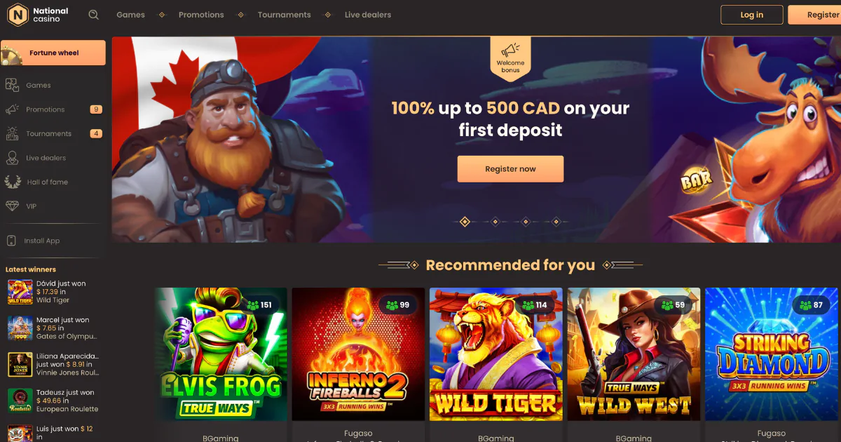 National Casino homepage featuring a welcome bonus of 100% up to 500 CAD on the first deposit. The page displays a cartoon-style Canadian-themed character and a selection of recommended slot games including Elvis Frog, Inferno Fireballs 2, Wild Tiger, and Striking Diamond.