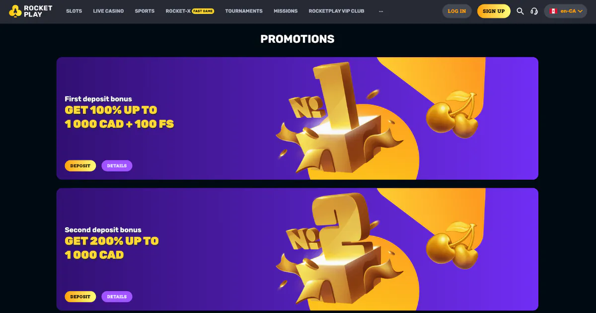 Rocket Play Casino promotions and bonus page displaying the first deposit bonus of 100% up to 1,000 CAD + 100 free spins, and the second deposit bonus of 200% up to 1,000 CAD, with golden number one and two icons next to the text.