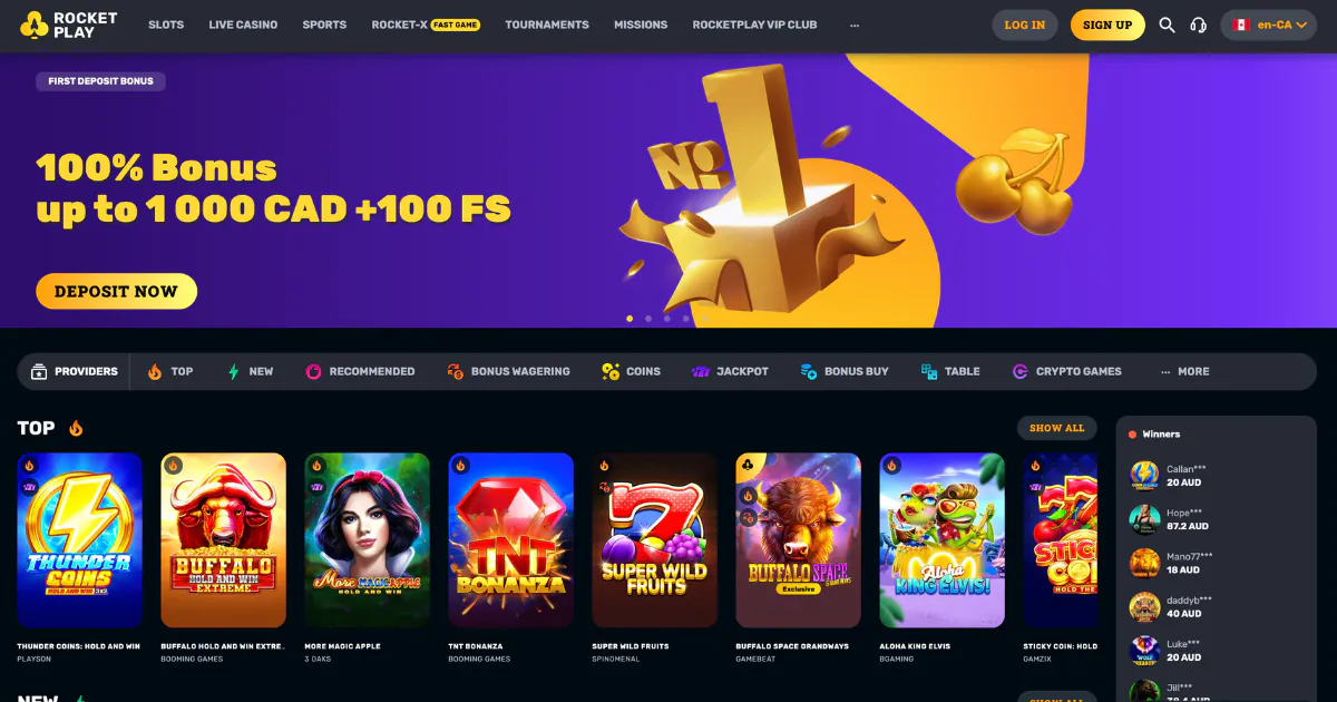 Rocket Play Casino homepage showcasing a 100% bonus offer up to 1,000 CAD + 100 free spins for the first deposit, with various top casino games displayed below including ‘Thunder Coins,’ ‘Buffalo Hold and Win Extreme,’ and ‘More Magic Apple.’