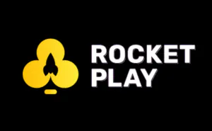 Rocket Play Casino logo featuring a yellow club symbol with a rocket silhouette inside, next to the text ‘ROCKET PLAY’ in white on a black background, with a long horizontal layout.