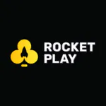 Rocket Play Casino logo featuring a yellow club symbol with a rocket silhouette inside, next to the text ‘ROCKET PLAY’ in white on a black background.