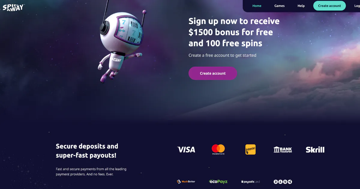 SpinAway Casino homepage featuring a floating astronaut slot machine mascot. The page promotes a sign-up offer of a $1500 bonus and 100 free spins, with a purple ‘Create account’ button. Below, there are icons for secure deposit and payout options including Visa, Mastercard, Interac, Bank Transfer, Skrill, and other payment providers.