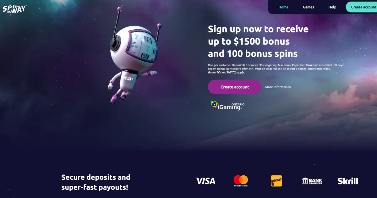 Spinaway Casino Ontario homepage featuring a floating astronaut-themed slot machine character and a promotion for a sign-up bonus of up to $1500 and 100 bonus spins. The page highlights secure deposits and fast payouts, with payment options displayed at the bottom, including Visa, Mastercard, Interac, Bank Transfer, and Skrill. The iGaming Ontario logo is also visible, indicating the site’s compliance with local regulations.