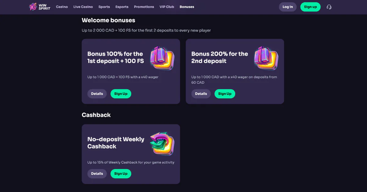 WinSpirit Casino app bonuses page showcasing welcome bonuses promo codes including ‘Bonus 100% for the 1st deposit + 100 FS’ and ‘Bonus 200% for the 2nd deposit,’ along with a ‘No-deposit Weekly Cashback’ offer. The page features vibrant graphics with neon-colored icons and sign-up buttons.