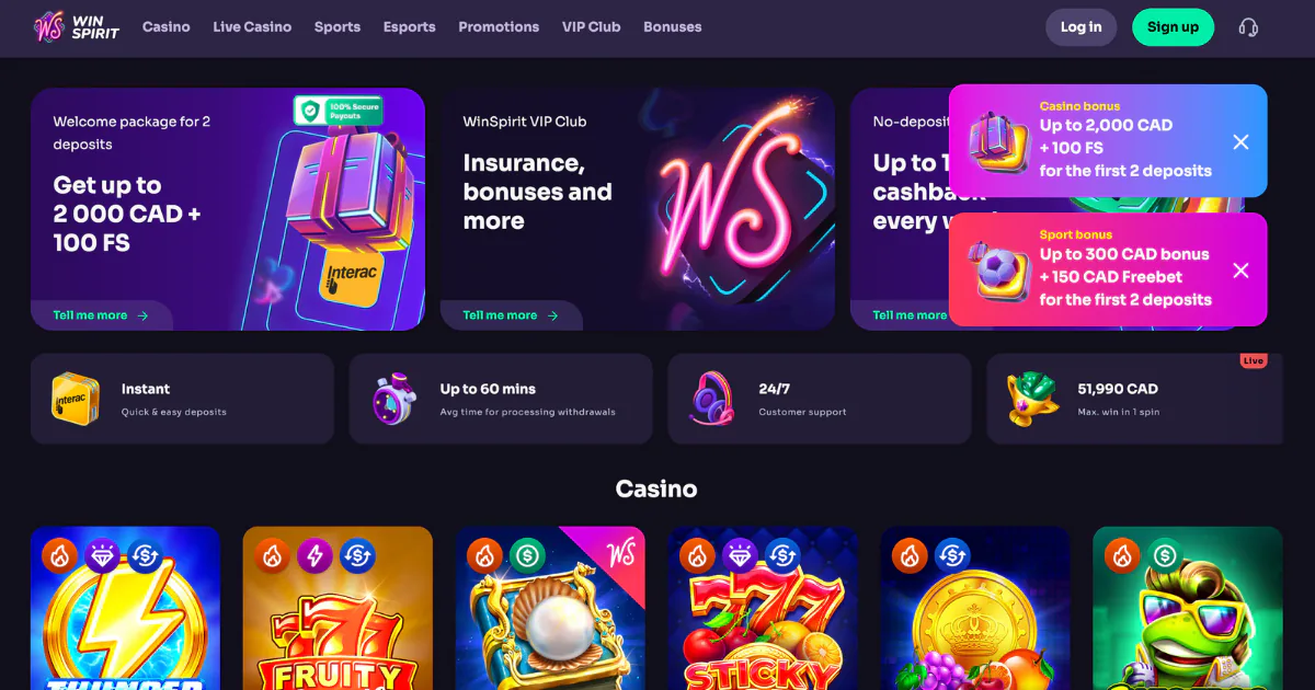 WinSpirit Casino homepage showcasing welcome promo codes for two deposits, VIP Club benefits, and various casino games like Thunder, 777 Sticky, and Fruity, with neon-style visuals and a dark theme.