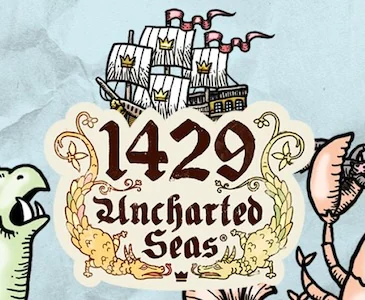 A stylized logo featuring a sailing ship with white sails on the sea. The text “1429 Uncharted Seas” is written in a medieval font, surrounded by ornate dragons.