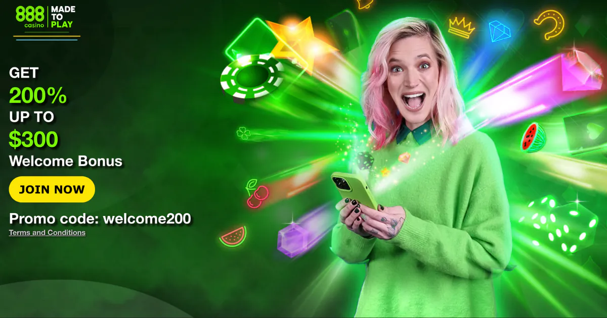 A woman in a green sweater excitedly holding a phone with vibrant casino icons and lights in the background promoting a 200% welcome bonus up to $300 at 888 Casino.