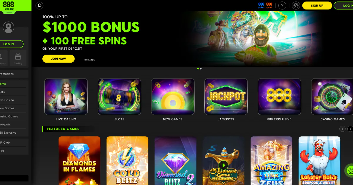 888 Casino homepage highlighting a 100% bonus up to $1000 with 100 free spins on first deposit, live casino games, jackpots, and slots featured in a modern, dark-themed layout.