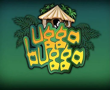 A tropical-themed slot logo with the text “Ugga Bugga” in wavy yellow-green letters. A grass hut peeks out from behind the title with dark green foliage in the background.