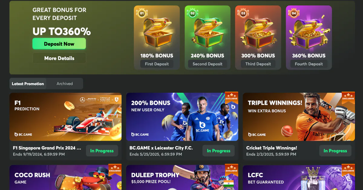 BC.Game Casino bonus page showing deposit bonus offers with up to 360% on every deposit, including first, second, third, and fourth deposit bonuses, and other promotions like F1 predictions, Leicester City bonus, and cricket triple winnings.