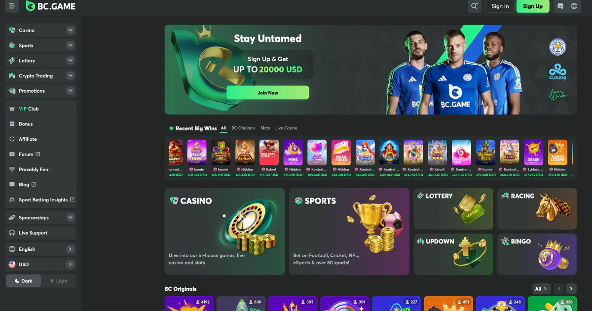 BC.Game Casino homepage featuring a green promotional banner for up to $20,000 USD, recent big wins, and categories for casino games, sports, lottery, and racing.