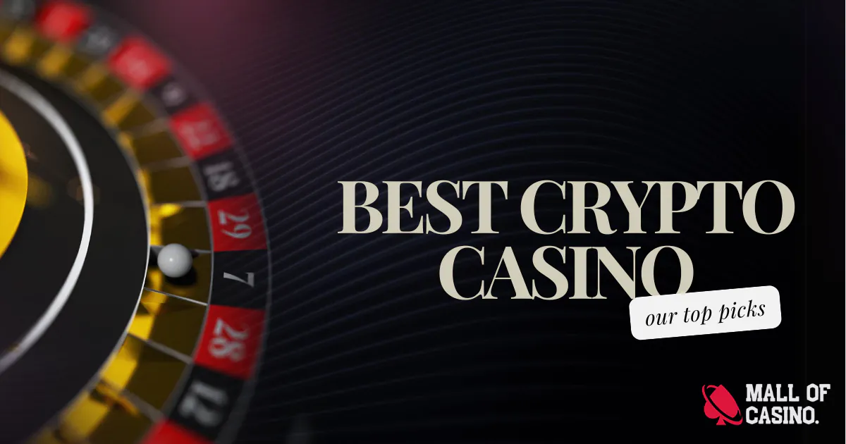 Close-up view of a roulette wheel with a white ball on the number 7. The bold text on the right side reads ‘Best Crypto Casino’ followed by ‘our top picks,’ along with the Mall of Casino logo in the bottom right corner. The background has dark wavy patterns, enhancing the casino-themed imagery.