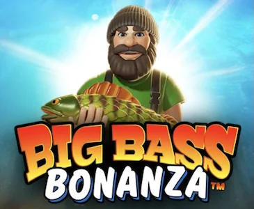 A fishing-themed slot logo featuring a smiling fisherman holding a large fish. The title “Big Bass Bonanza” is displayed in bold orange and yellow letters against a blue aquatic background.